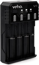 Load image into Gallery viewer, Charge Smarter Anywhere – Veho V-1 Universal 4-Slot USB Li-Ion Battery Charger with Advanced Protection