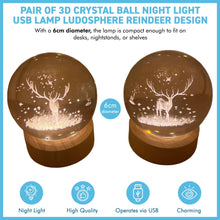 Load image into Gallery viewer, Set of Two 3D Crystal Ball Night Light USB Lamp with Reindeer designs, elegant modern illumination for any room