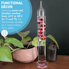 Load image into Gallery viewer, 30cm Tall Free Standing Galileo Thermometer with seven red floating globes | measures temperatures from 16 degrees Centigrade to 28 degrees | also in Fahrenheit | Weather station | Water Thermometer