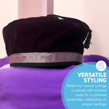 Load image into Gallery viewer, Size 58cm, medium, Handmade Nepalese deep purple velvet Smoking Cap with traditional Tibetan design, lightweight, stylish design