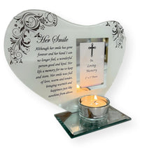 Load image into Gallery viewer, Her Smile: Inspirational Poem & Candle Holder Glass Memorial Plaque - Timeless Tribute and Photo Frame