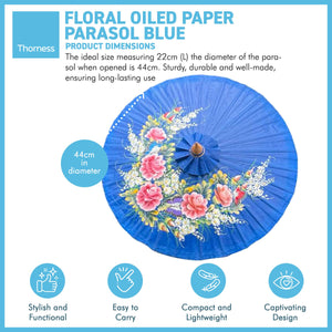 FLORAL OILED PAPER SUNSHADE PARASOL | Sun Protection | Wedding Accessories | UV Protection | Pink and Blue Flowers | Butterflies| Blue