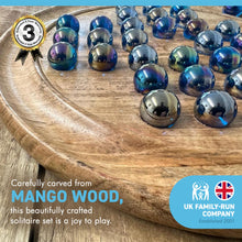 Load image into Gallery viewer, 30cm Diameter MANGO WOOD SOLITAIRE BOARD GAME with Lustered Blue Glass Marbles | |classic wooden solitaire game | strategy board game | family board game | games for one | board games