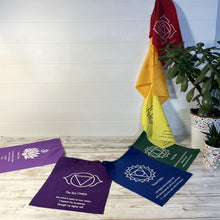 Load image into Gallery viewer, 7 Chakra bunting flags On A String With Affirmation 19 x 25 centimetres and are strung together on a 155-centimeter-long string