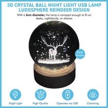 Load image into Gallery viewer, 3D Crystal Ball Night Light USB Lamp, Ludosphere Reindeer Design, Perfect for Home Decor, Gifts, and Mood Lighting