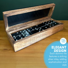 Load image into Gallery viewer, 𝗛𝗔𝗡𝗗𝗖𝗥𝗔𝗙𝗧𝗘𝗗 𝗪𝗢𝗢𝗗𝗘𝗡 𝗗𝗢𝗠𝗜𝗡𝗢 𝗦𝗘𝗧 with Silver Inlay and Acrylic Hinged Lid – Black & Natural Wood, Elegant Game Night Gift