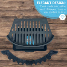 Load image into Gallery viewer, 18" Solid Cast IRON FIREPLACE GRATE SET – Castle Front Design with Ash Pan & Steel Log Tongs for Traditional Home Fireplaces