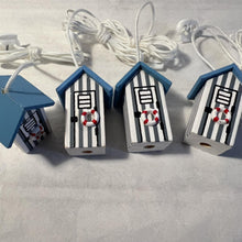 Load image into Gallery viewer, 4 x Light Blue and white beach hut light pulls | Nautical Theme Wooden Beach Hut Cord Pull Light Pulls