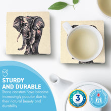 Load image into Gallery viewer, 2 x ELEPHANT STONE COASTERS | Stone Coasters | Animal novelty gift | Coaster for glass, mugs and cups| Square coaster for drinks | Elephant gift | Meg Hawkins art | 10cm x 10cm