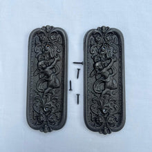 Load image into Gallery viewer, Set of Two Antique style Rustic Cast Iron Door Push Plates with Ornate Cherub Design - Vintage Finger Plate Decor