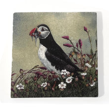 Load image into Gallery viewer, Green Stone Coaster with Puffin Image, Wildlife Watercolour Design, Wildlife Coaster