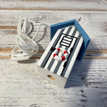 Load image into Gallery viewer, Light Blue and white beach hut light pull | Nautical Theme Wooden Beach Hut Cord Pull Light Pulls