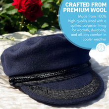 Load image into Gallery viewer, Traditional Wool Breton Cap | Size 59cm, large,  Captain Fisherman Mariner Yachtsman Sailors, Fiddlers Cap,  Baker Boy flat cap, skipper, classic peaked French and Greek boatman's hat