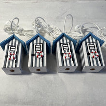 Load image into Gallery viewer, 4 x Light Blue and white beach hut light pulls | Nautical Theme Wooden Beach Hut Cord Pull Light Pulls