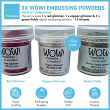Load image into Gallery viewer, 3 x Wow! Embossing Powders 15ml | RED GLIMMER, COPPER GLIMMER & GREEN FIELDS regular| Free your creativity and give your embossing sparkle