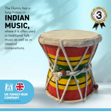 Load image into Gallery viewer, DAMRU DRUM | DAMARU| Indian Drum| Hand Drum| Percussion Instrument | Fair Trade percussion and Wind Instruments | | Traditional Indian Folk Music | Brightly coloured Handmade Mango wood Damru Drum
