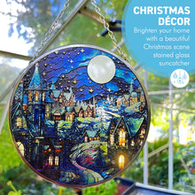 Load image into Gallery viewer, 15cm Diameter Stained Glass Suncatcher, WINTER SCENE DESIGN, festive holiday window decor