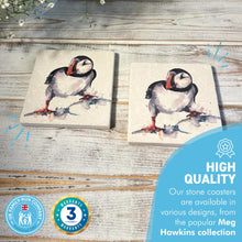Load image into Gallery viewer, 2 x CURIOUS PUFFIN STONE COASTERS | Stone Coasters | Animal novelty gift | Coaster for glass, mugs and cups| Square coaster for drinks | Puffin gift | Meg Hawkins art | 10cm x 10cm