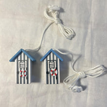 Load image into Gallery viewer, 2 x Light Blue and white beach hut light pulls | Nautical Theme Wooden Beach Hut Cord Pull Light Pulls