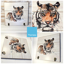 Load image into Gallery viewer, Rustic Wooden Design Tiger Plaque Wall Hooks | 30cm x 30cm wooden plaque | supplied with two hooks attached | wall hanging fixings attached | Wildlife art
