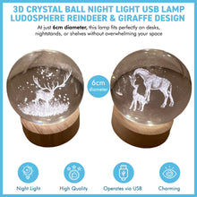 Load image into Gallery viewer, Set of Two 3D Crystal Ball Night Light USB Lamp with Reindeer and Giraffe designs, elegant modern illumination for any room