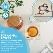 Load image into Gallery viewer, CURIOUS PUFFIN STONE COASTER | Stone Coasters | Animal novelty gift | Coaster for glass, mugs and cups| Square coaster for drinks | Puffin gift | Meg Hawkins art | 10cm x 10cm