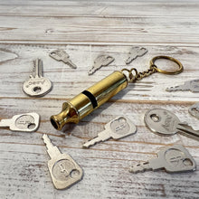 Load image into Gallery viewer, LOUD BRASS WHISTLE on keyring | emergency survival whistle | One piece | Outdoor survival whistle | supplied on Key-Chain or Hang Around Your Neck and Carry it Anywhere