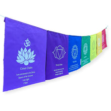 Load image into Gallery viewer, 7 Chakra bunting flags On A String With Affirmation 19 x 25 centimetres and are strung together on a 155-centimeter-long string