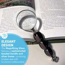 Load image into Gallery viewer, Silver Handheld Magnifying Glass with black beaded handle, Stylish Magnifier for reading