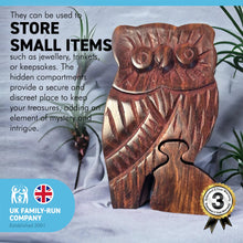 Load image into Gallery viewer, 4-piece Owl Wooden Puzzle Box | Wooden Owl Puzzle Box | Handmade wooden puzzle box | Handmade Wooden trinket secrets Box | Sustainable Shesham wooden hand carved box | 12cm (w) x 5cm (h)