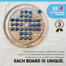 Load image into Gallery viewer, 30cm Diameter MANGO WOOD SOLITAIRE BOARD GAME with Lustered Blue Glass Marbles | |classic wooden solitaire game | strategy board game | family board game | games for one | board games
