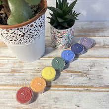 Load image into Gallery viewer, Chakra tea light candles set of 7 | each a different colour and with a different fragrance to represent 7 chakras | 100% pure natural Palm Wax and contain 3% pure essential oils
