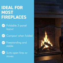 Load image into Gallery viewer, 𝗖𝗔𝗦𝗧 𝗜𝗥𝗢𝗡 𝟯-𝗣𝗔𝗡𝗘𝗟 𝗙𝗢𝗟𝗗𝗜𝗡𝗚 𝗠𝗘𝗦𝗛 𝗙𝗜𝗥𝗘 𝗚𝗨𝗔𝗥𝗗 𝟵𝟲𝘅𝟲𝟬.𝟱𝗰𝗺 | Durable | Rust-Resistant | Fireplace Screen for Open Fire | Fire Safety | Hearth Protection