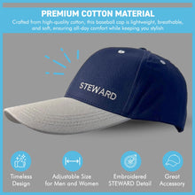 Load image into Gallery viewer, Steward Adjustable Navy Blue Baseball Cap, classic unisex cotton hat for casual, sports & outdoor wear