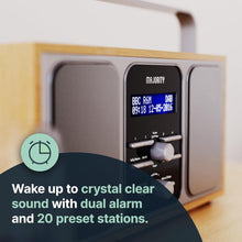 Load image into Gallery viewer, DAB, DAB+ Digital Radio with FM | Mains Powered and Portable with 15 Hours of Playback and Stereo Speakers | Majority Girton 2 Portable DAB Radio | LED Screen with Dual Alarm and 20 Pre-sets | Oak