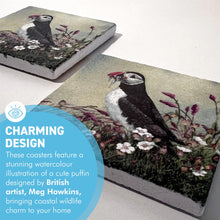 Load image into Gallery viewer, 2 x Green Stone Coasters with Puffin, Wildlife Watercolour Design, Wildlife Coasters