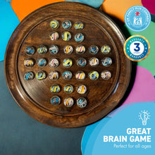 Load image into Gallery viewer, 30cm Diameter DARK WOOD SOLITAIRE BOARD GAME with HELTER SKELTER GLASS MARBLES | |classic wooden solitaire game | strategy board game | family board game | games for one | board games