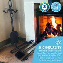 Load image into Gallery viewer, Metal matt black turn-handled 5-piece fireside companion set | Fire companion sets | includes stand, brush, tongs, poker, and shovel | 47cm high | wood burner set | Fireside tools accessories | Fire set