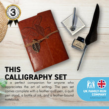 Load image into Gallery viewer, BROWN FEATHER QUILL PEN NOTEBOOK STAND AND INK | Calligraphy Set | Writing Set| Ink Pen | Leather Bound Notebook | Feather Pen | Creative Writing | Script