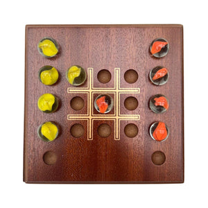 Noughts and Crosses marble game with wooden board | Tic Tac Toe strategy solitaire marble game | includes 10 glass marbles and wooden board | 14cm x 14cm | Strategic and Engaging Twist on a Classic game