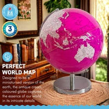 Load image into Gallery viewer, PINK WORLD GLOBE | Globes of the world | World globe for adults | Earth globe | Desk ornament | Explorers gift | World globe | 25cm (D) x 25cm (W) x 30 cm (H)