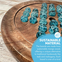 Load image into Gallery viewer, 22cm Diameter wooden SOLITAIRE BOARD GAME with BRILLIANT BLUE OXYGEN GLASS MARBLES | classic wooden solitaire game | strategy board game | family board game | games for one | board games