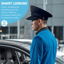 Load image into Gallery viewer, Navy Blue Chauffeur's Cap, Classic Round-Domed Hat, High-Quality Polyester, PVC Band, Leatherette Sweatband, Size 57cm, Ideal for Professional & Elegant Look
