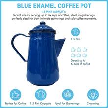 Load image into Gallery viewer, Elegant Traditional Blue Enamel Coffee Pot 1.5 Pint Capacity, Ideal for Home and Outdoor Use with Handle and Lid