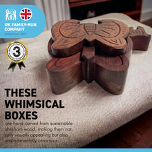 Load image into Gallery viewer, 4-piece Butterfly Wooden Puzzle Box | Wooden Butterfly Puzzle Box | Handmade wooden puzzle box | Handmade Wooden trinket secrets Box | Sustainable Shesham wooden hand carved box | 12cm (w) x 5cm (h)