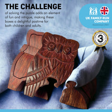 Load image into Gallery viewer, 4-piece Owl Wooden Puzzle Box | Wooden Owl Puzzle Box | Handmade wooden puzzle box | Handmade Wooden trinket secrets Box | Sustainable Shesham wooden hand carved box | 12cm (w) x 5cm (h)