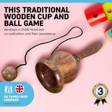 Load image into Gallery viewer, Traditional WOODEN CUP AND BALL GAME | Cup and ball games | ball in a cup game | Old fashioned toys | ball catch game | hand-eye coordination, fine motor skills, and spatial awareness.