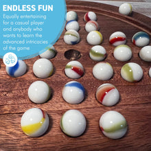 Load image into Gallery viewer, 22cm Diameter wooden SOLITAIRE BOARD GAME with OLD GLORY WHITE SWIRL GLASS MARBLES | classic wooden solitaire game | strategy board game | family board game | games for one | board games