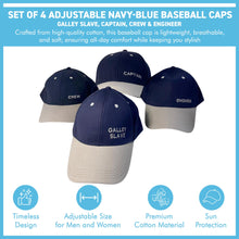Load image into Gallery viewer, Set of 4 Adjustable Navy-Blue Baseball Caps, Galley Slave, Captain, Crew & Engineer, Nautical Boating Hats for Sailing, Yachting & Team Uniform