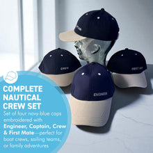Load image into Gallery viewer, Set of 4 Adjustable Navy-Blue Baseball Caps, Engineer, Captain, Crew & First Mate, Nautical Boating Hats for Sailing, Yachting & Team Uniform